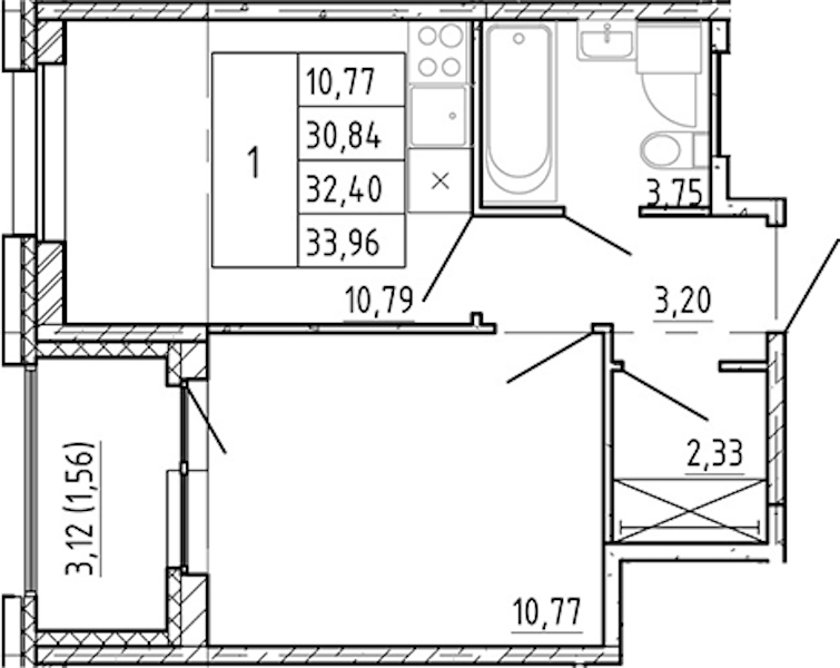 1-комнатная квартира 30.84 м², 5/12 эт., ЖК «Полис Новоселье»